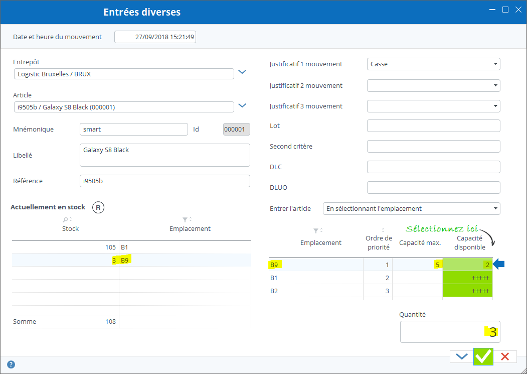 Entrées directes, sélection d'un emplacement