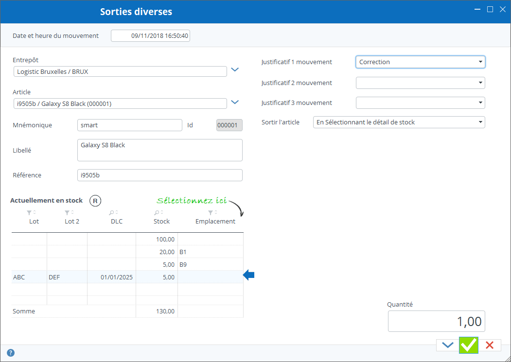 Sorties directes, sélection d'un détail de stock