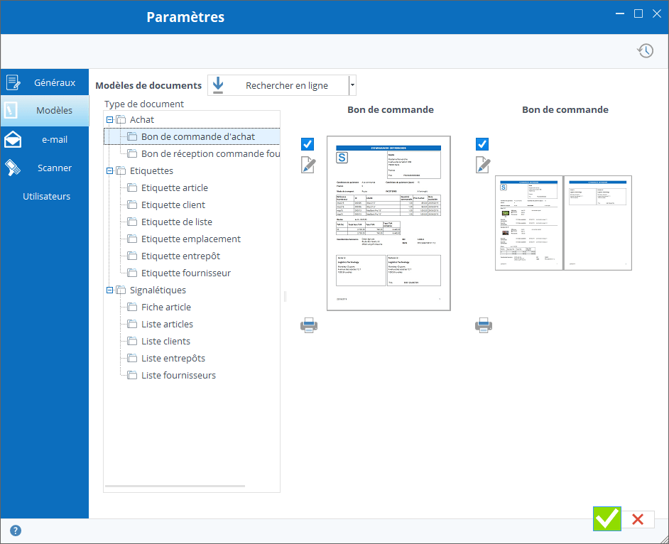 Paramètres des modèles de documents