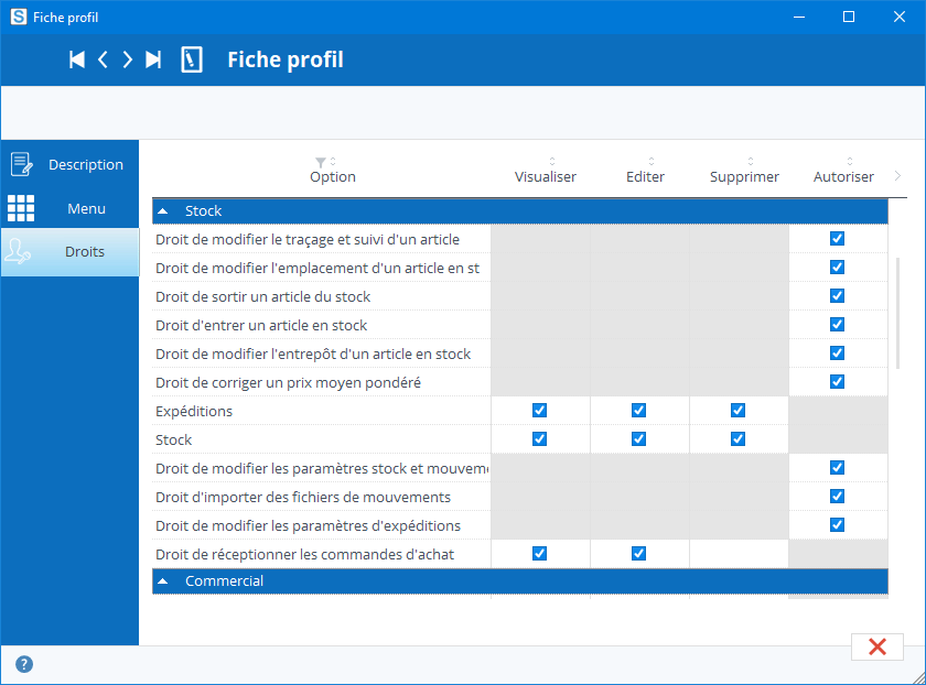 sélection des droits du profil